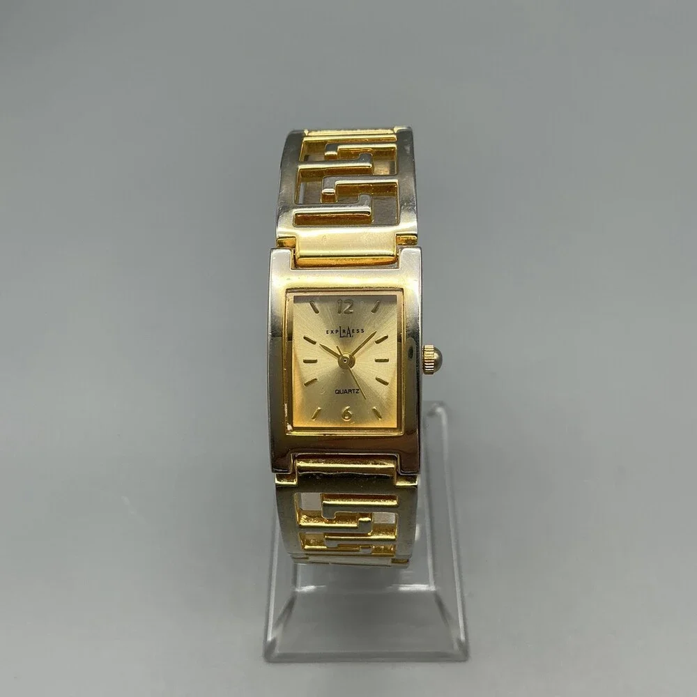 LA Express Womens Watch 18mm Gold Tone Greek Key Bracelet New Battery 7.5